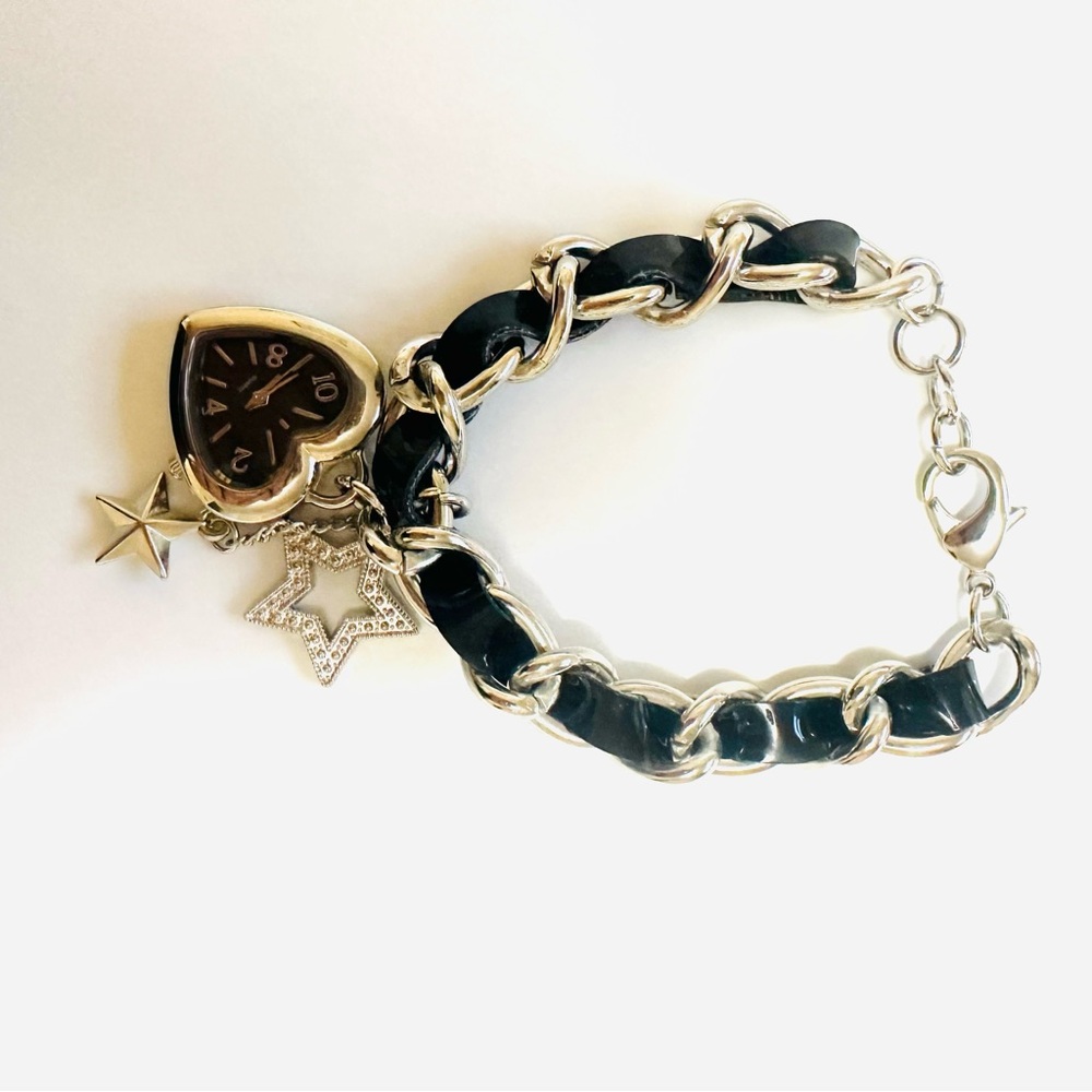Silver and Black Heart Charm Watch Bracelet